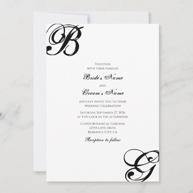 Black & White Script Monogram Wedding Invitation (Front)