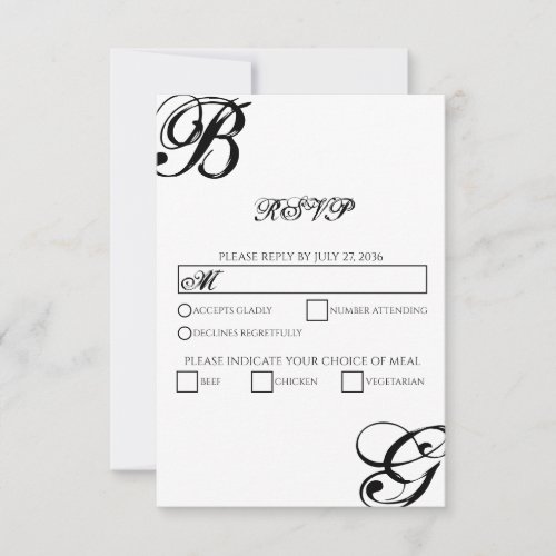 Black  White Script Monogram Wedding  RSVP Card