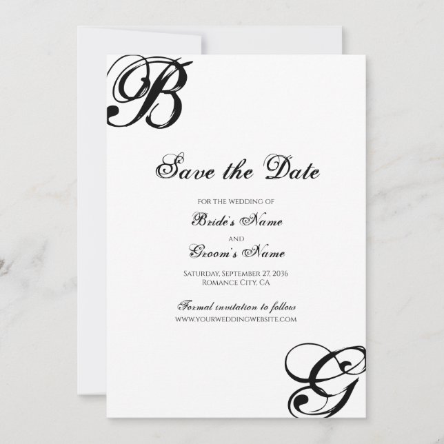 Black & White Script Monogram Wedding Save The Date (Front)