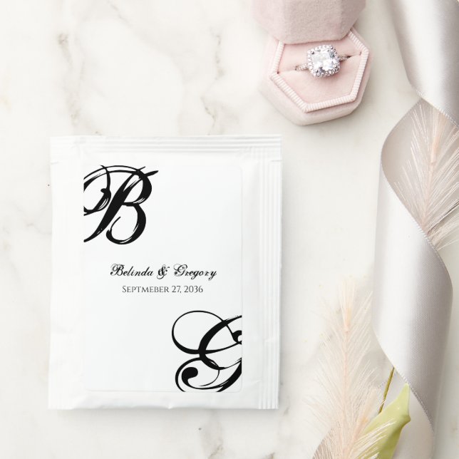 Black & White Script Monogram Wedding  Tea Bag Drink Mix (Wedding)