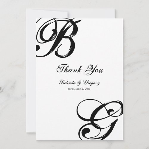Black  White Script Monogram Wedding  Thank You Card