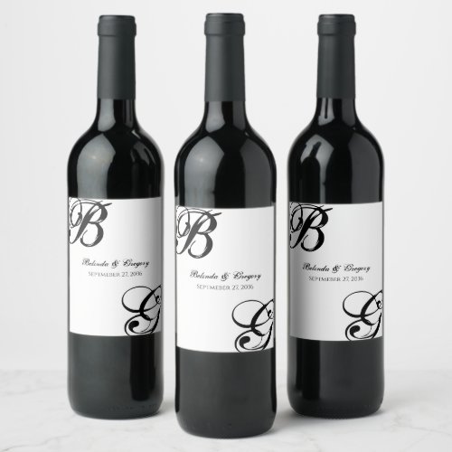 Black  White Script Monogram Wedding  Wine Label