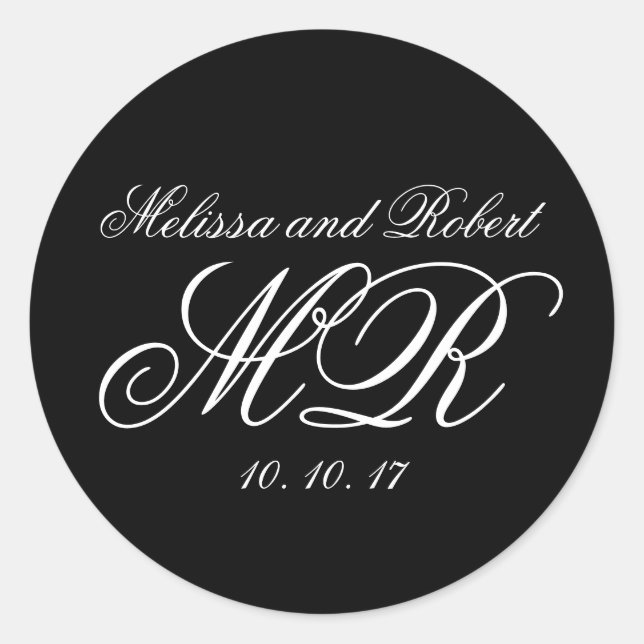 Black White Script Monograms Wedding Favor Sticker (Front)