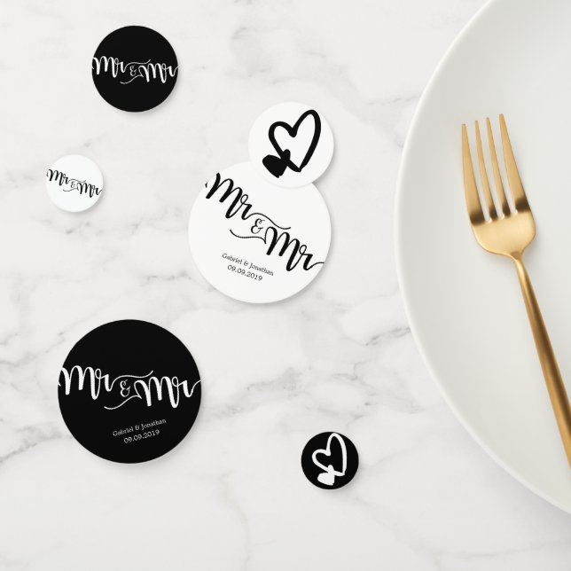 Black & White Script Mr. and Mr. Hearts Wedding Confetti (Group)