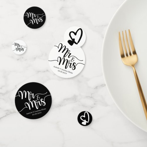 Black  White Script Mr and Mrs Hearts Wedding Confetti