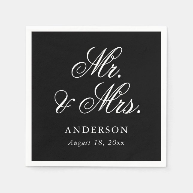 Black White Script Mr & Mrs Wedding Napkins (Front)