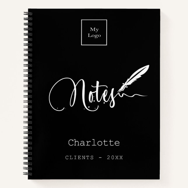 Black white script pen elegant business logo notebook (Front)