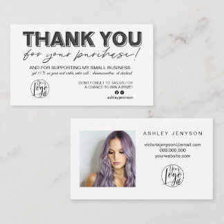 Black white script photo logo order thank you business card