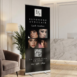 Black White Script Photo Logo QR Lashes Studio Retractable Banner