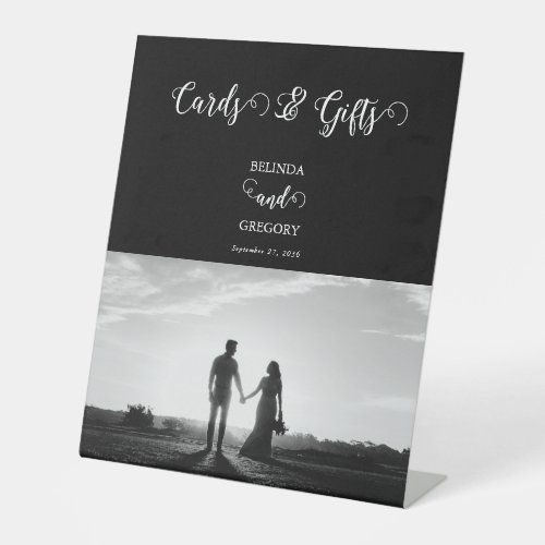 Black  White Script Photo Wedding Cards Gifts Pedestal Sign