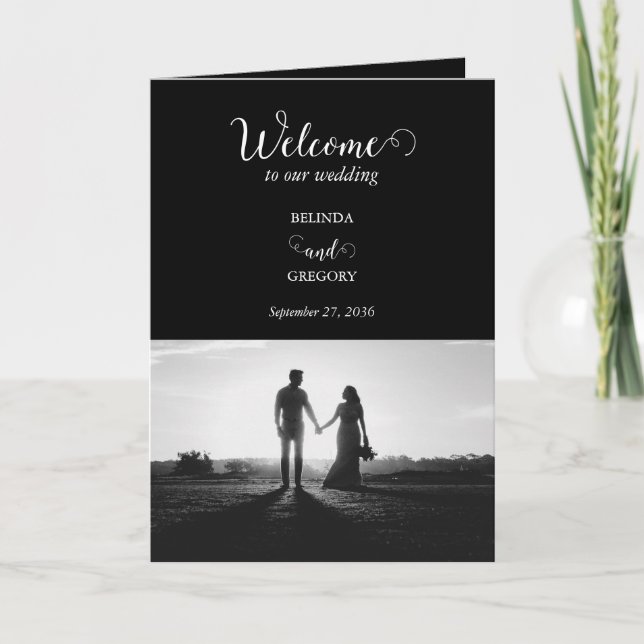 Black White Script Photo Wedding Order of Service Program (Front)