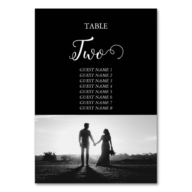 Black & White Script Photo Wedding Table Number (Front)