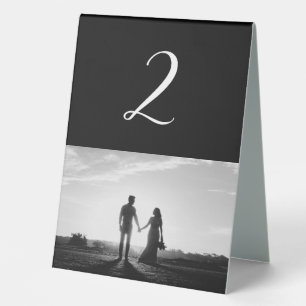Black & White Script Photo Wedding Table Number Tent