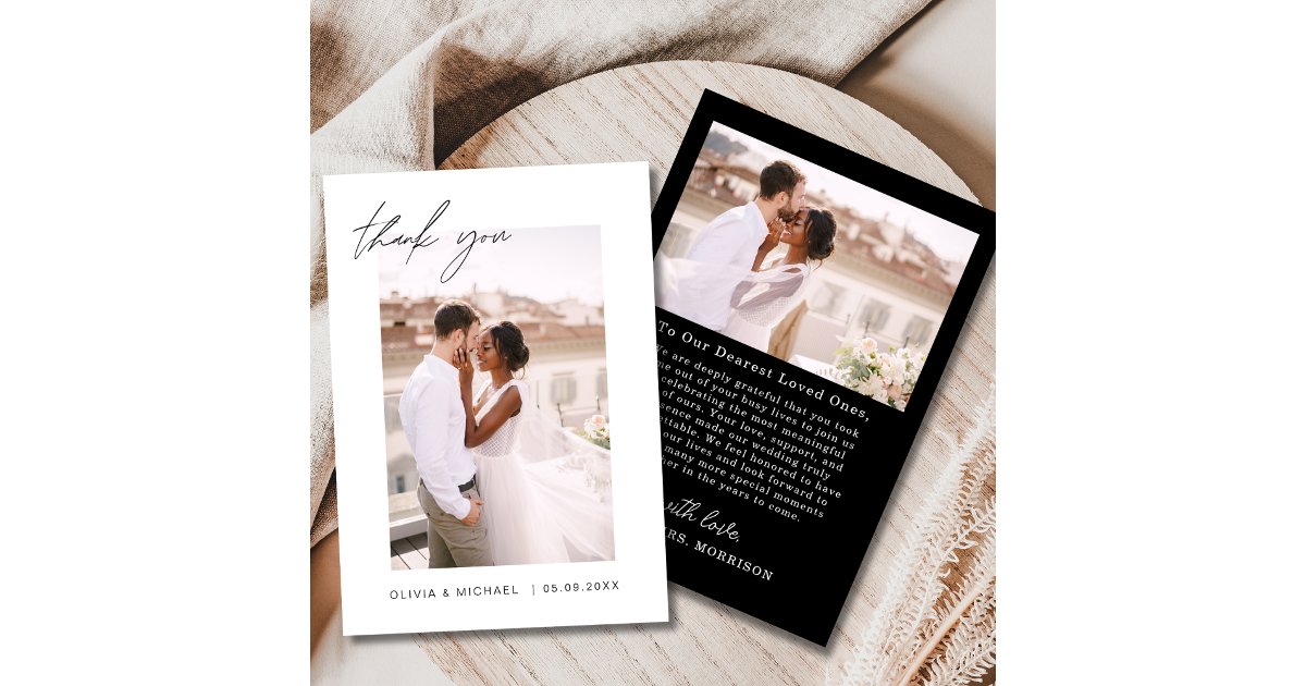 Black White Script Photo Wedding Thank You Card | Zazzle