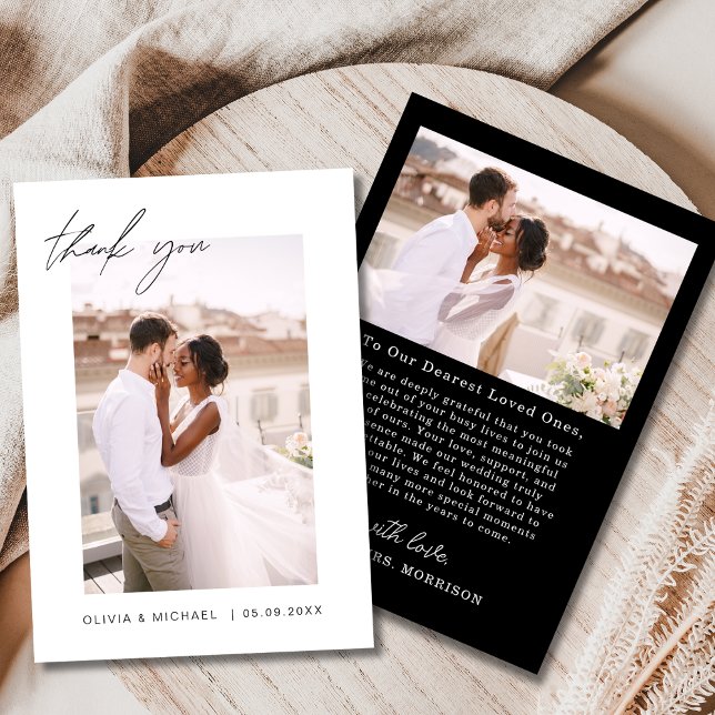 Black White Script Photo Wedding Thank You Card (Creator Uploaded)