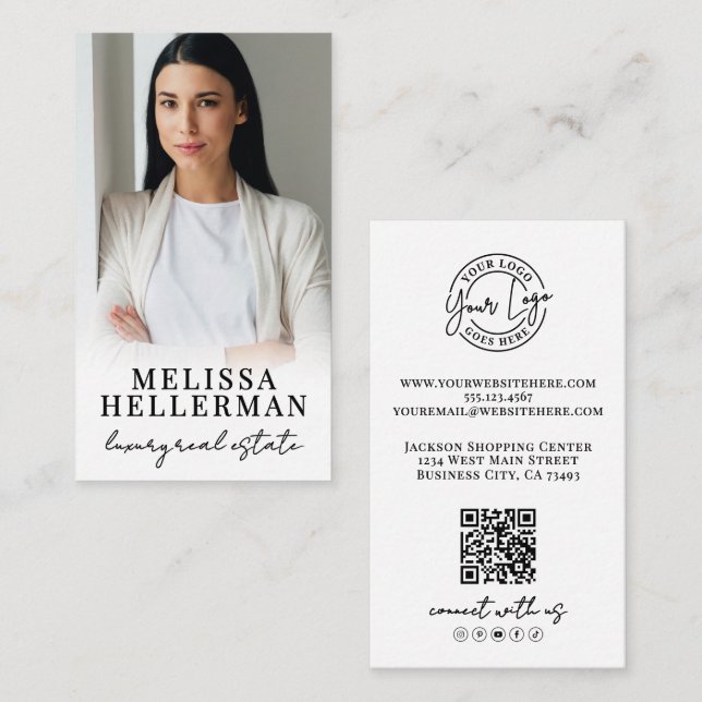 Black White Script Real Estate Photo Business Card (Front/Back)
