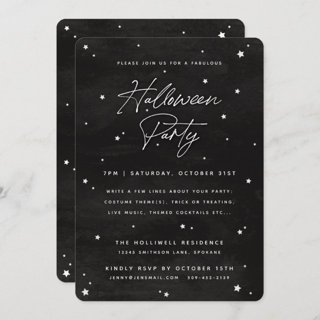 Black+White Script Scattered Stars Halloween Party Invitation (Front/Back)