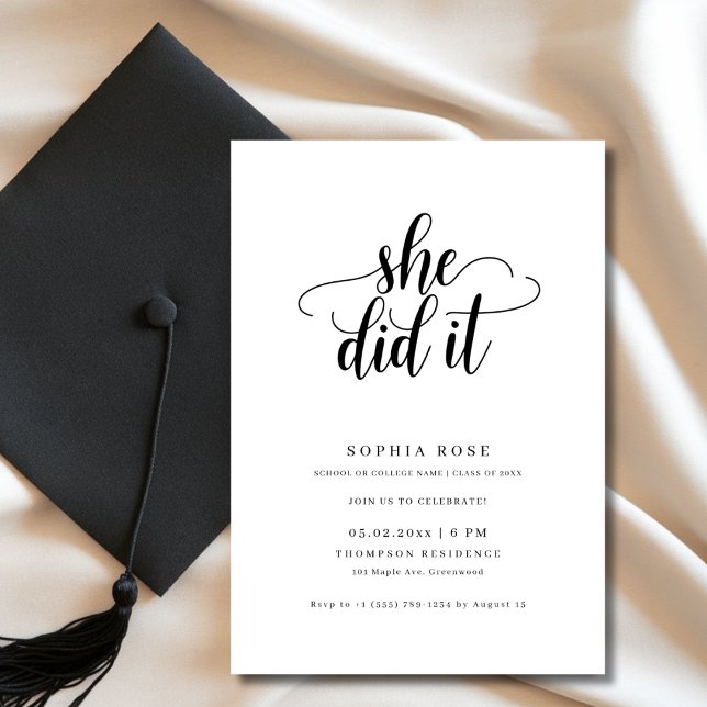 Black & White Script She Did It Graduation 2025 Invitation (Creator Uploaded)
