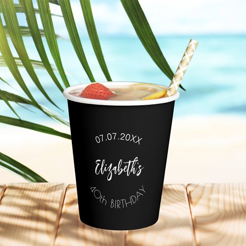 Black white script simple birthday paper cups