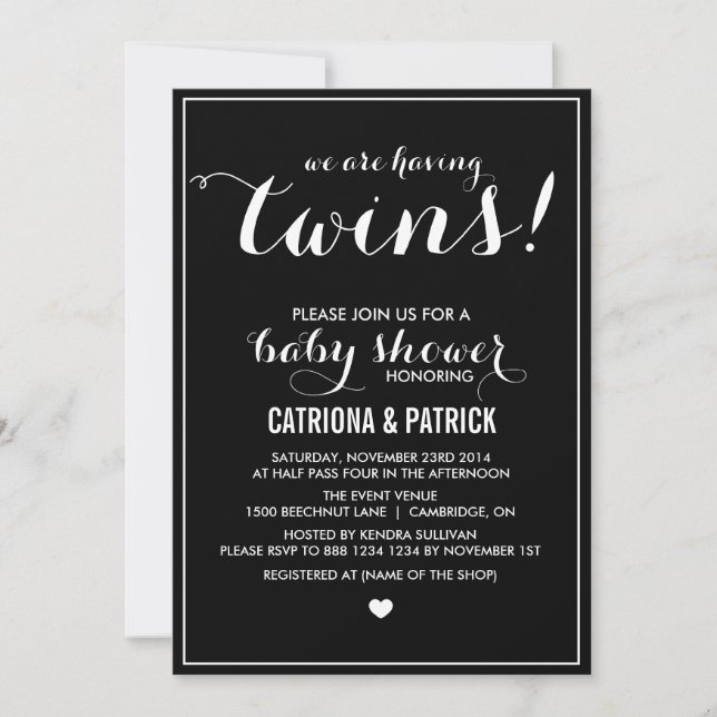 Black & White Script Twins Baby Shower Invitation (Front)