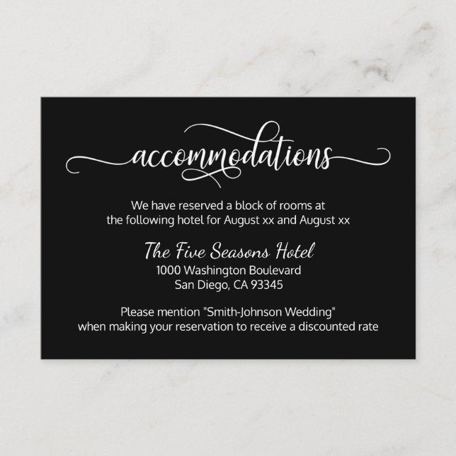 Black White Script Wedding - Accommodations Enclosure Card (Front)