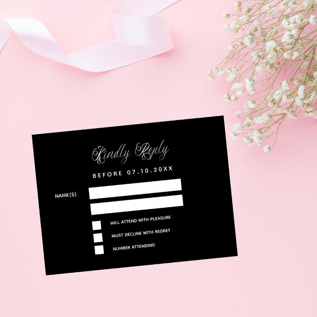 Black white script wedding response RSVP Note Card (Creator Uploaded)