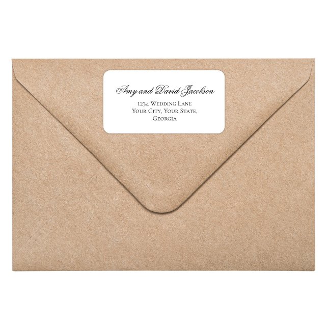 Black White Script Wedding Return Address Label (Black and white script return address label on envelope, elegant minimalist wedding style)