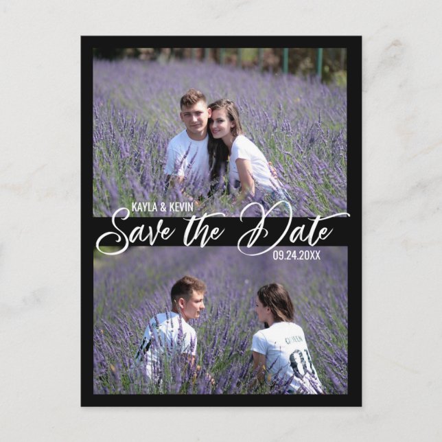 Black White Script Wedding SAVE THE DATE | 2 PHOTO Announcement Postcard (Front)