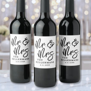 Black White Script Wedding Wine Label