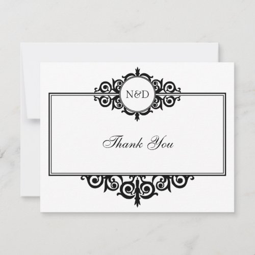Black white scroll monogram thank you note flat personalized invites