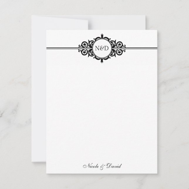 Black white scroll monogram thank you note flat (Front)