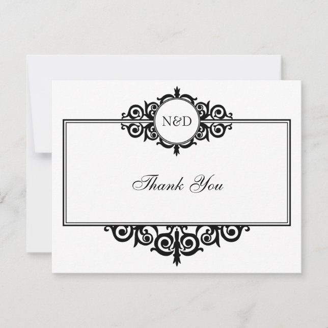Black white scroll monogram thank you note flat card (Front)