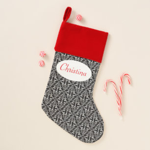 Black White Scrolled elegant Damask Pattern Christmas Stocking