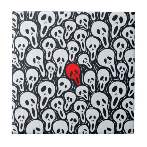 Black  White Sculls Pattern Touch Of Red Ceramic Tile