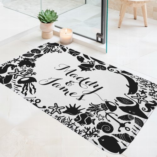 Black &Amp;Amp; White Sea Creatures Couples Heart Monogram Bath Mat