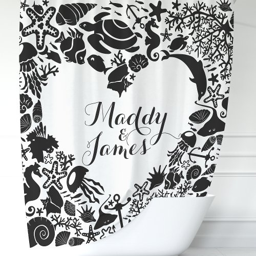 Black &Amp;Amp; White Sea Creatures Couples Heart Monogram Shower Curtain