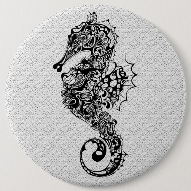 Black & White Seahorse-Tattoo Style Pinback Button (Front)