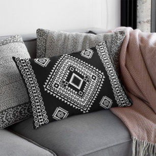 Black White Seamless Geometric Ethnic Asian Tribal Outdoor Pillow