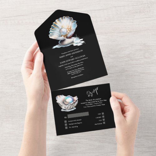 Black white seashell pearl oyster shell tropical  all in one invitation
