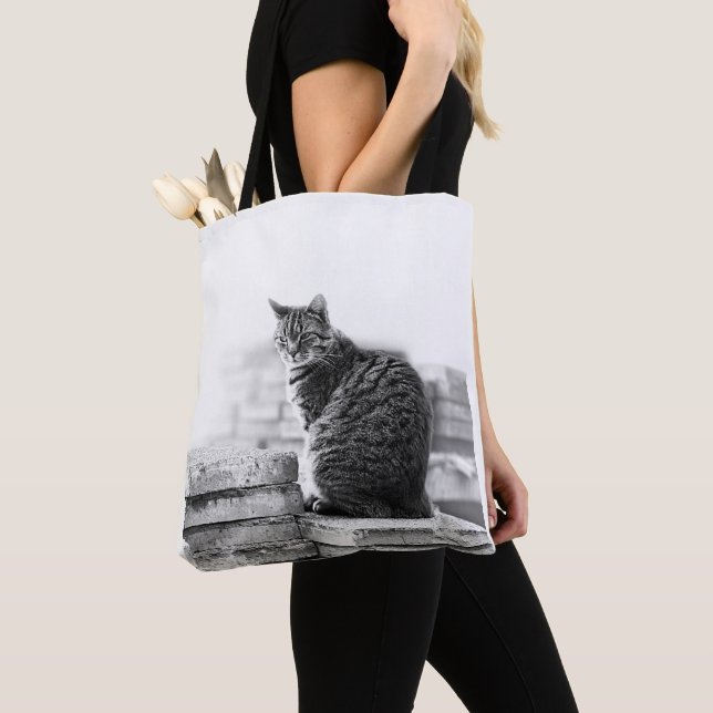 Black White Seated Cat Tote Bag (Close Up)