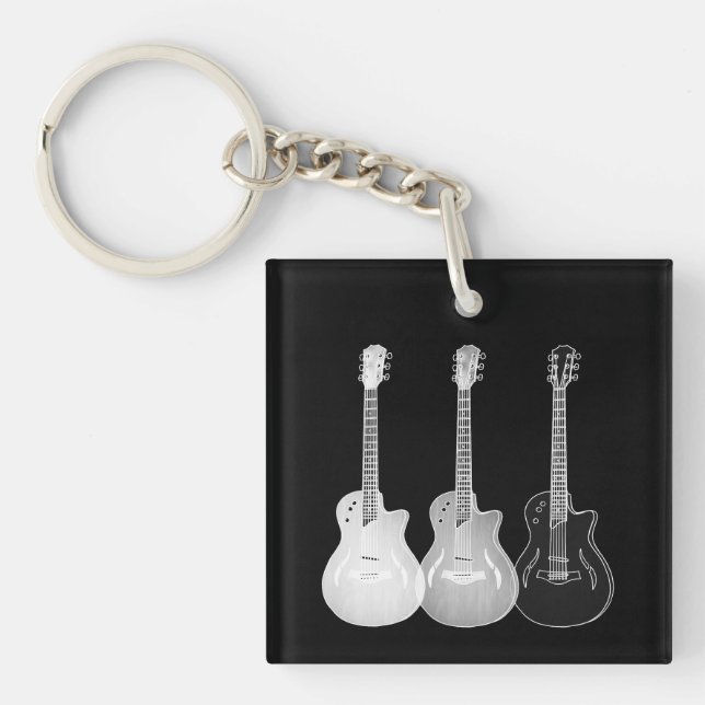Black & White Semi Acoustic Guitar Monochrome Art Keychain (Front)