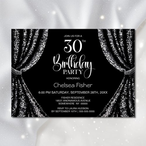 Black White Sequin Curtain 30th Birthday Party Invitation