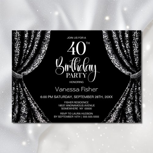 Black White Sequin Curtain 40th Birthday Party Invitation