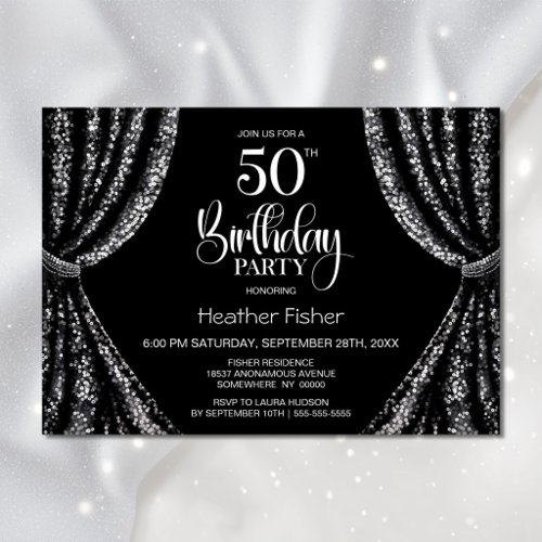 Black White Sequin Curtain 50th Birthday Party Invitation