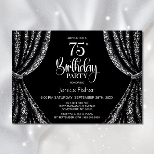 Black White Sequin Curtain 75th Birthday Party Invitation