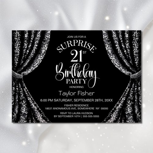 Black White Sequin Curtain Surprise 21st Birthday Invitation