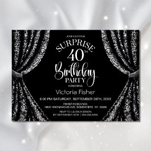 Black White Sequin Curtain Surprise 40th Birthday Invitation