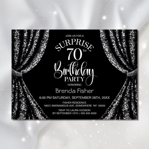 Black White Sequin Curtain Surprise 70th Birthday Invitation
