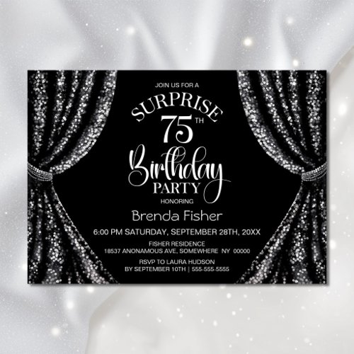 Black White Sequin Curtain Surprise 75th Birthday Invitation