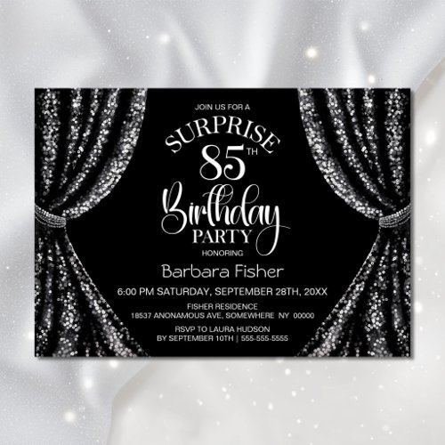 Black White Sequin Curtain Surprise 85th Birthday Invitation